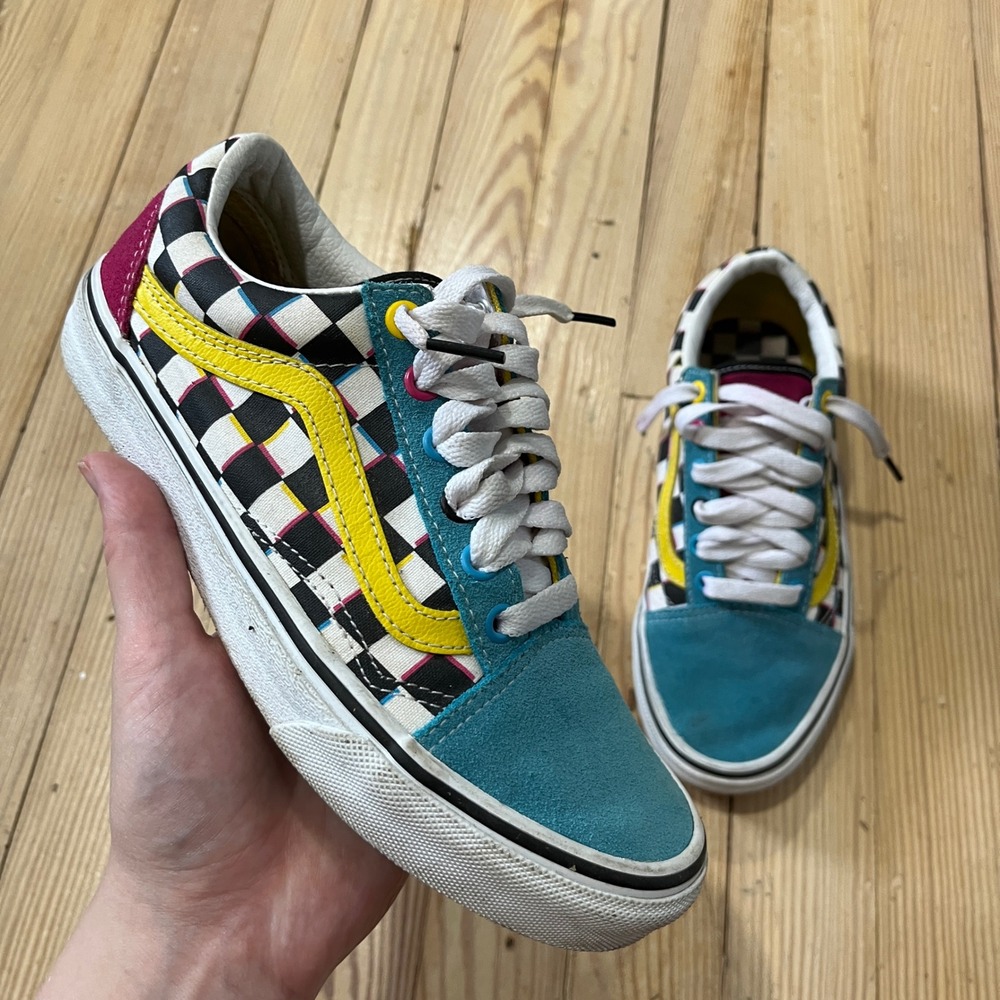 Vans Old Skool Sneakers Womens 6.5 Mens 5 Multi Glitch Checkerboard Suede Skate